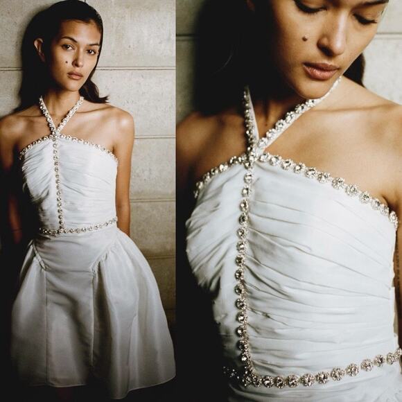 Self-Portrait White Taffeta Diamanté Embellished Trim Halter Neck Mini Dress - Picture 2 of 16